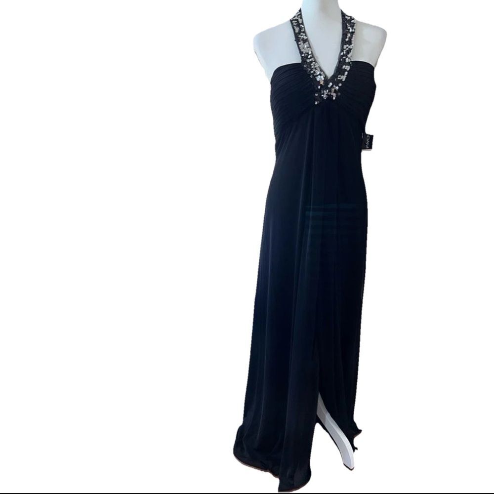 Betsy Adam Evening Black Sequin Halter Chiffon Gown Maxi Formal Mermaid 10 NWT
